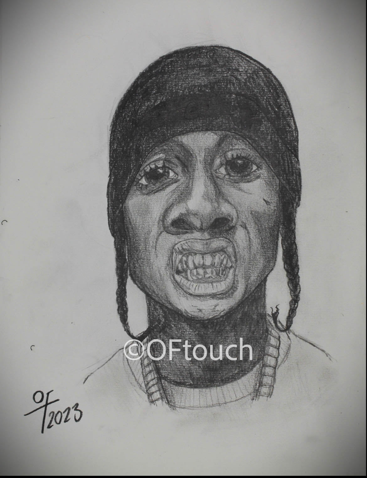 CHEESE - this piece captures a black man with winsomely big eyes, he has a black beanie paced around his head with two long braids coming out of the sides. in the piecehe is grinning to fully reveal his full set of grills a sign of weath.