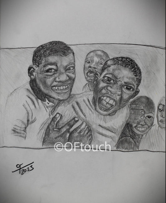 Joy - this piece captures the pinnacle of youth, the pure joy we fill when surrounded with love and affection from the company of our family and friends. the piece shows 5 children in static state of happiness as if you took a picture of children playing, the piece includes great detail with alot of shading, conveying a lot of emotion.