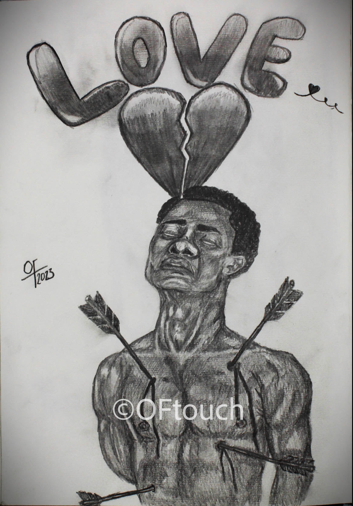 love is a losing game - Representation of love and its flaws, the word love drawn in bubble writing with a drawing of a broken heart beneath it and beneath both the main drawing a black man leaning back with 4 arrows in him. oftouch