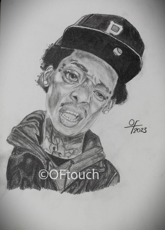 Watch'u say? - is a portrait of the musician Wiz Khalifa in a confused manner with detailed shading and precise outlines, this piece captures the state of disorientation, and the inks to black culture and dialect with the title of the piece being a commonly used phrase.