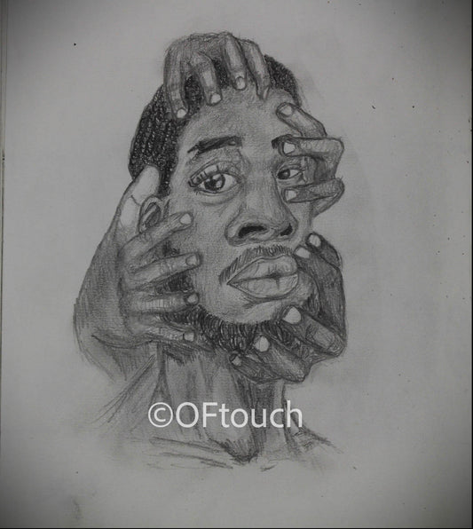 Let Me Be - this is a surreal image of a black man with hands placed around his face, the meaning behind this is the feeling of confinement, hence the title 'let me be'