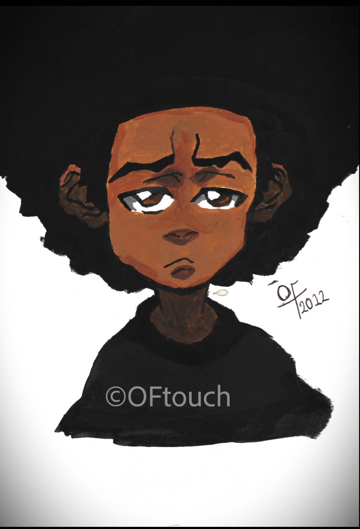 Huey - the boondocks character huey is painted here with light coloured eyes and identica skintone however what makes this piece special is the creative desicion of his afro sprouting out and covering the upper part of the print.